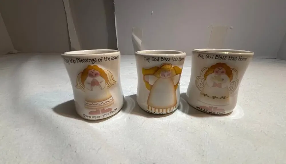 Set of Three Angel-Themed Ceramic Candle Holders